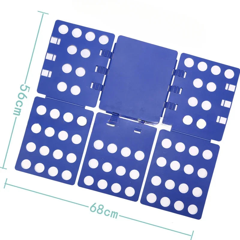 Blue plastic clothes folding board laid flat with labeled dimensions of 68 cm by 56 cm